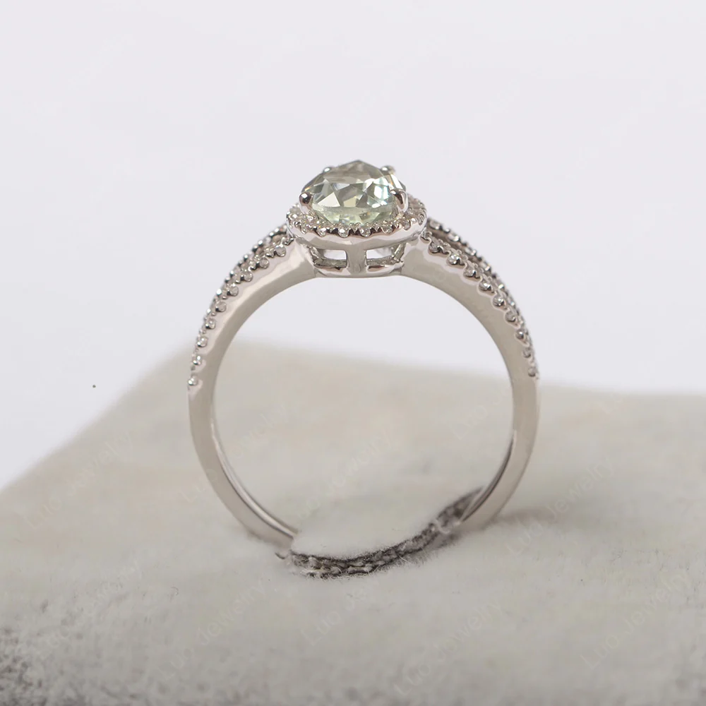 Pear Shaped Green Amethyst Halo Split Shank Ring - Image 4