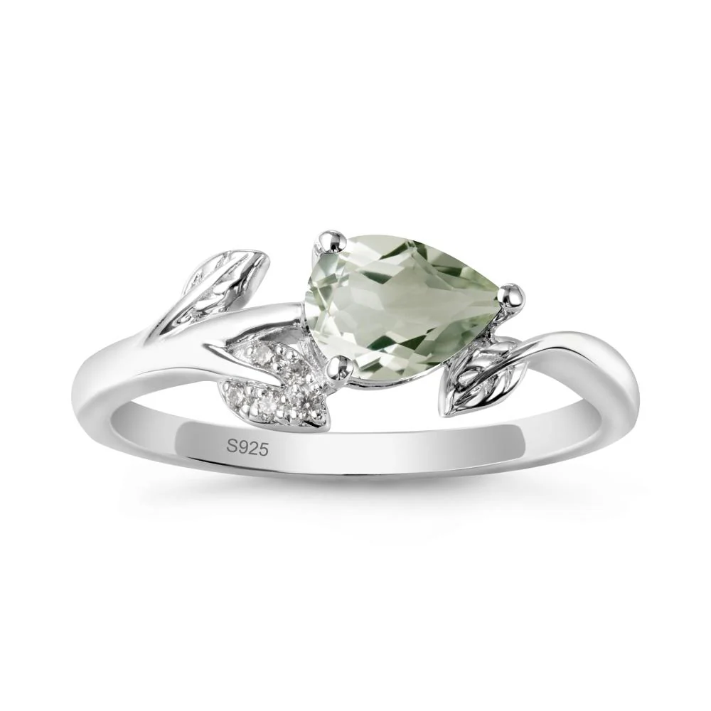 Pear Shaped Green Amethyst Leaf Ring