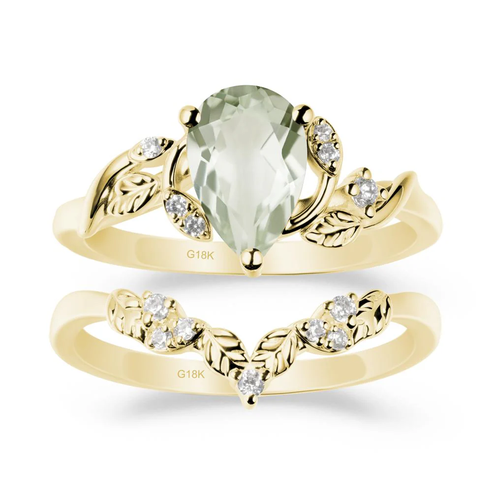 Pear-Shaped Green Amethyst Ring Set with Leaf