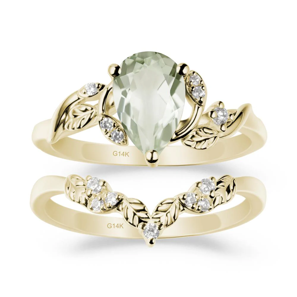Pear-Shaped Green Amethyst Ring Set with Leaf - Image 2