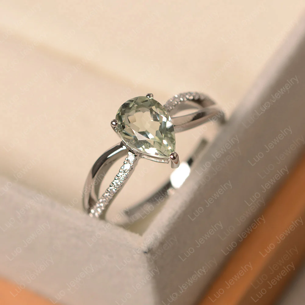 Pear Shaped Green Amethyst Ring Split Shank - Image 2
