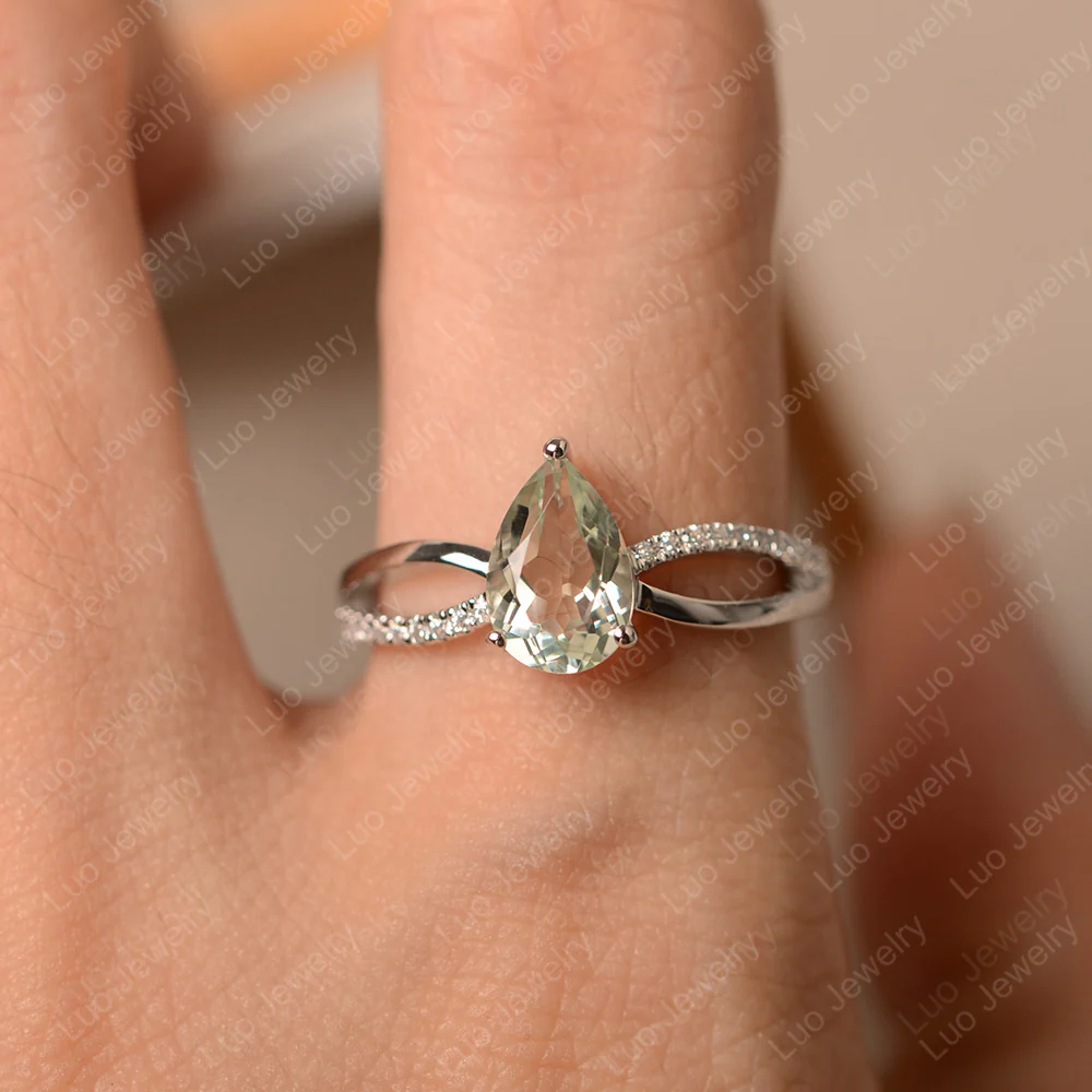 Pear Shaped Green Amethyst Ring Split Shank - Image 4