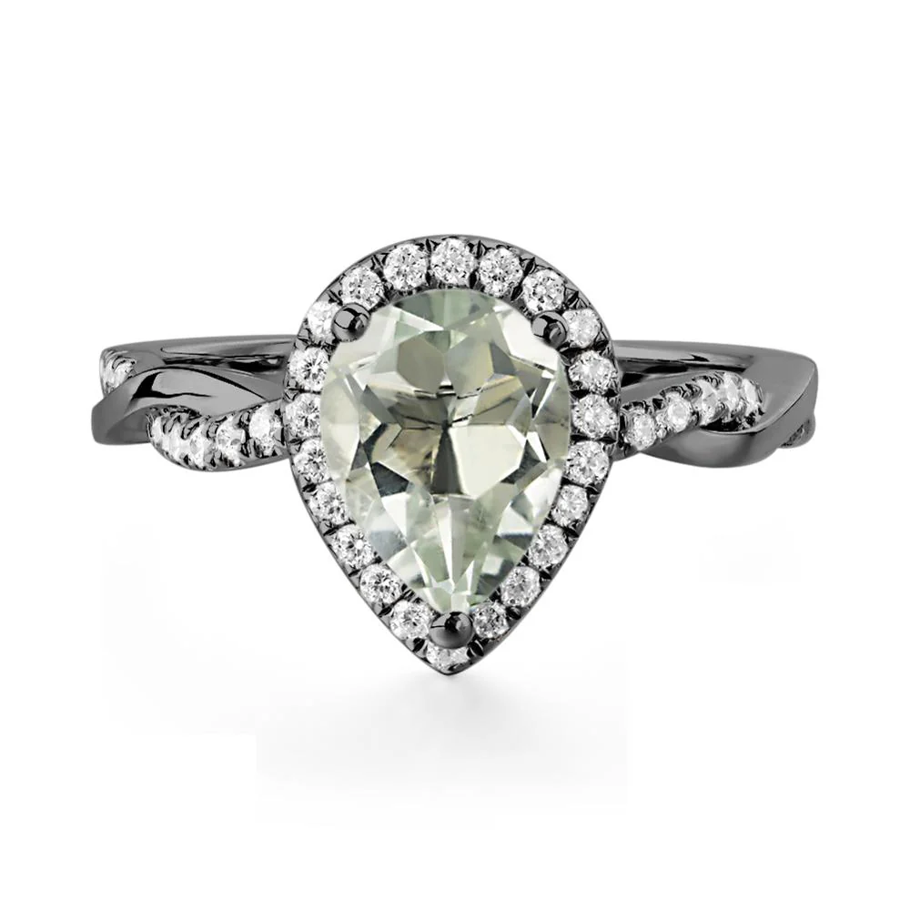 Pear Shaped Green Amethyst Twisted Halo Ring