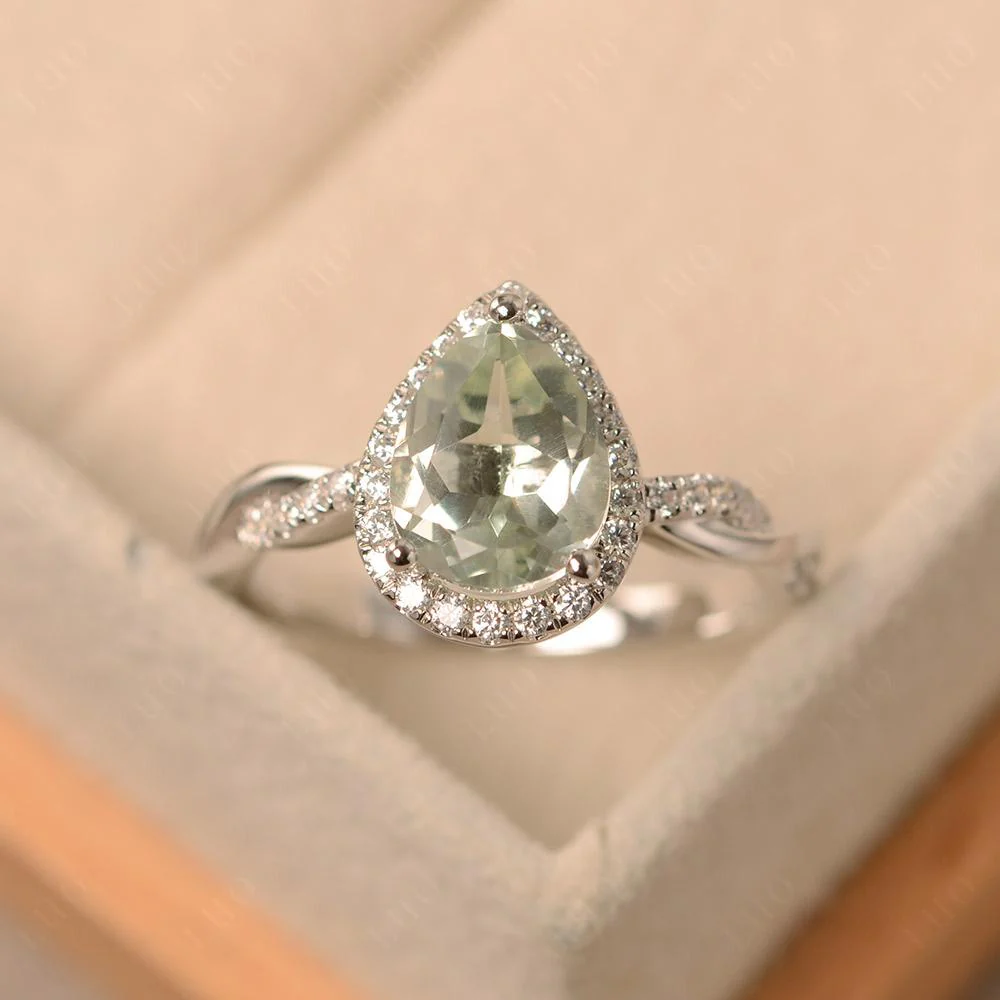 Pear Shaped Green Amethyst Twisted Halo Ring - Image 29