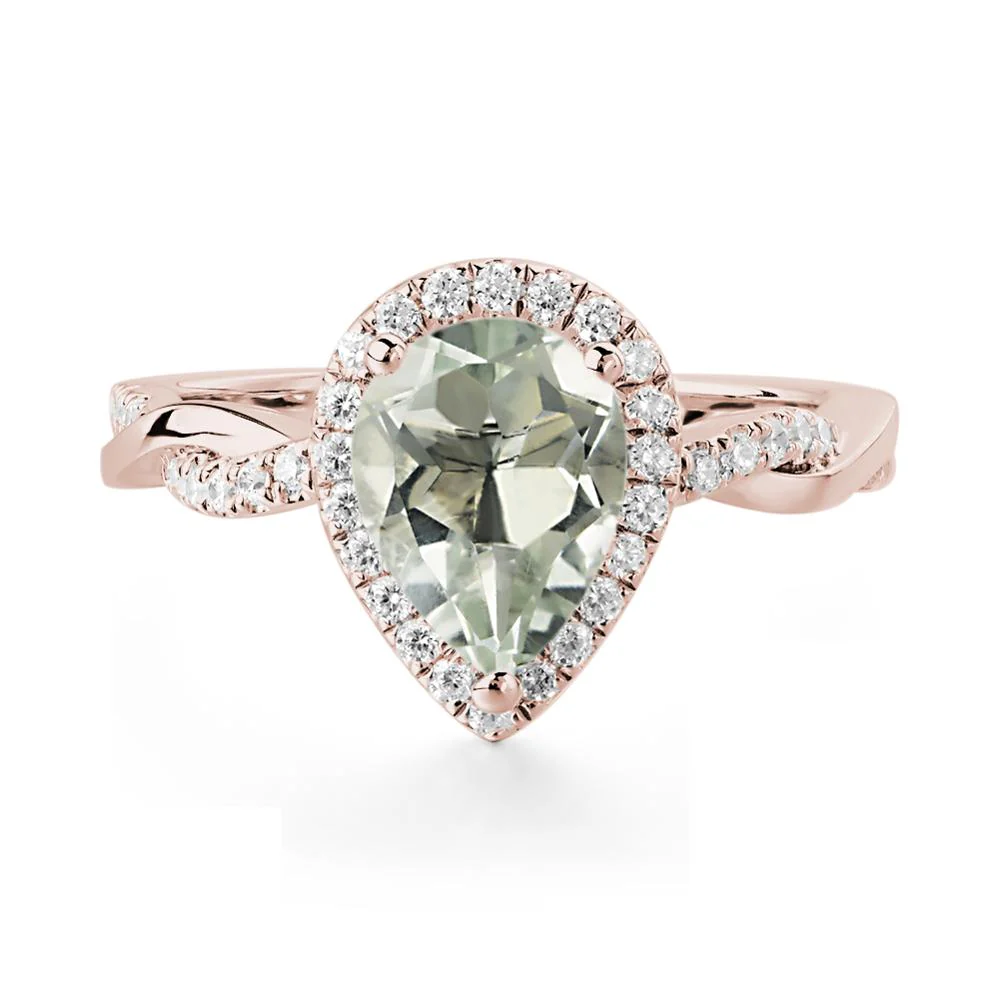 Pear Shaped Green Amethyst Twisted Halo Ring - Image 3