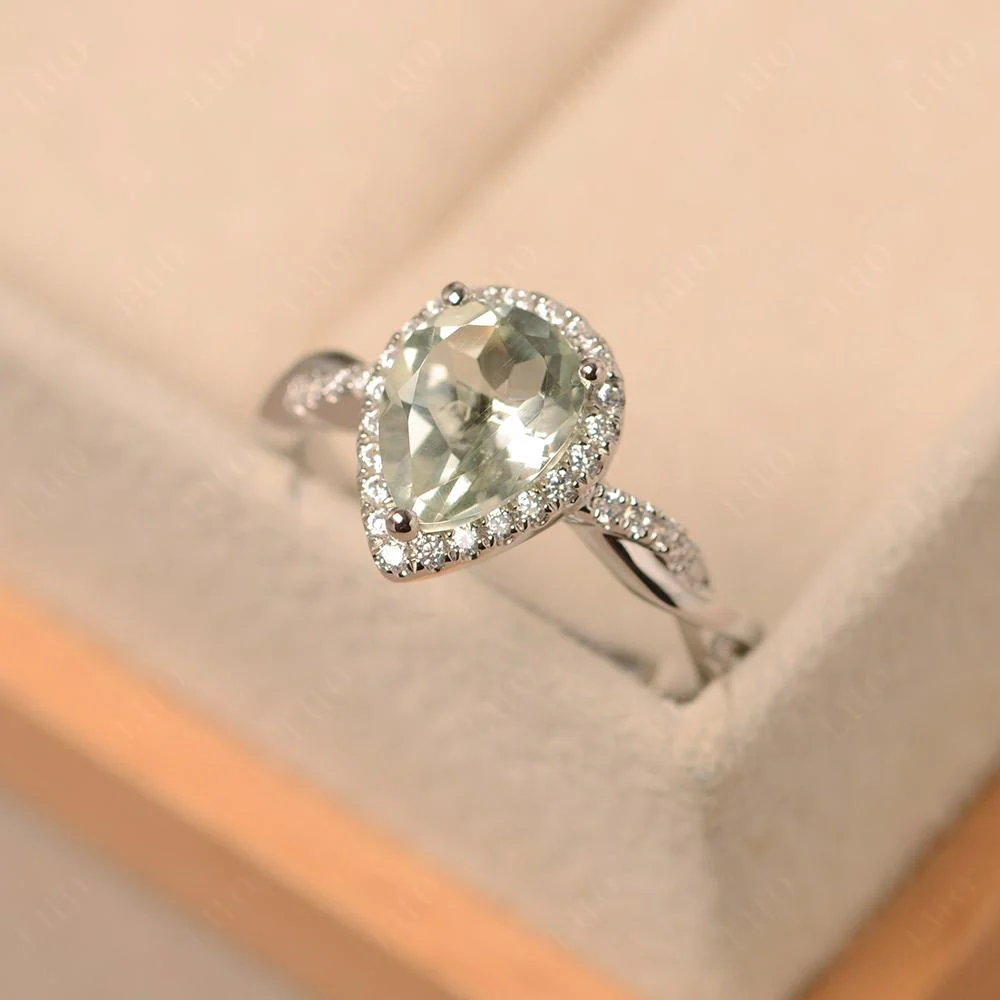 Pear Shaped Green Amethyst Twisted Halo Ring - Image 30