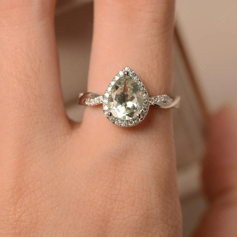 Pear Shaped Green Amethyst Twisted Halo Ring - Image 33