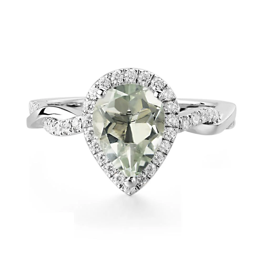 Pear Shaped Green Amethyst Twisted Halo Ring - Image 6