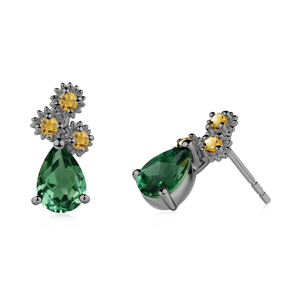 Pear Shaped Green Sapphire and Citrine Sunflower Stud Earrings