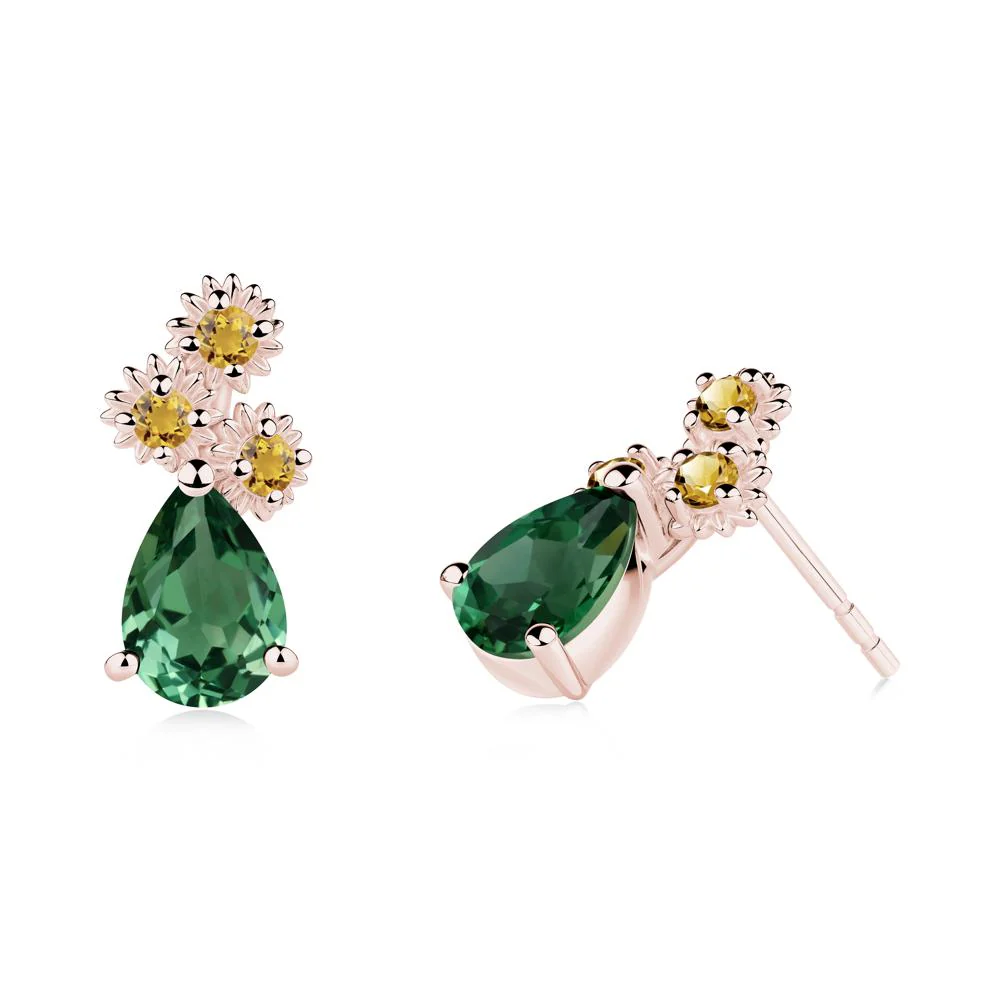 Pear Shaped Green Sapphire and Citrine Sunflower Stud Earrings - Image 3