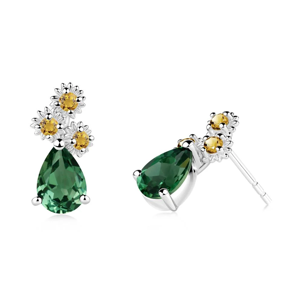 Pear Shaped Green Sapphire and Citrine Sunflower Stud Earrings - Image 4