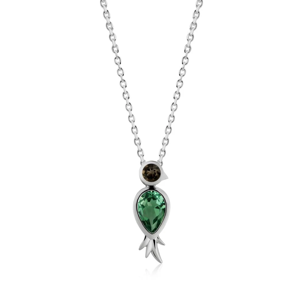 Pear Shaped Green Sapphire and Smoky Quartz Bird Pendant Neckalce