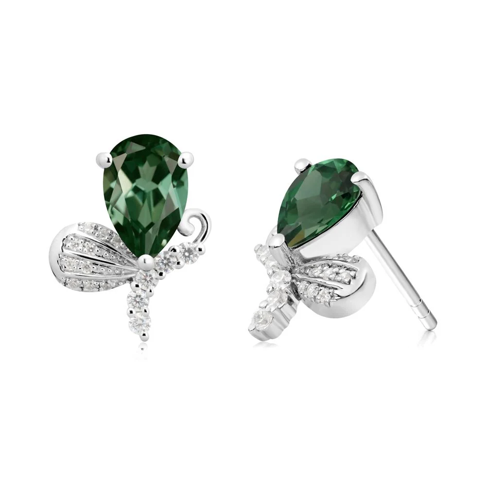 Pear Shaped Green Sapphire Butterfly Stud Earrings