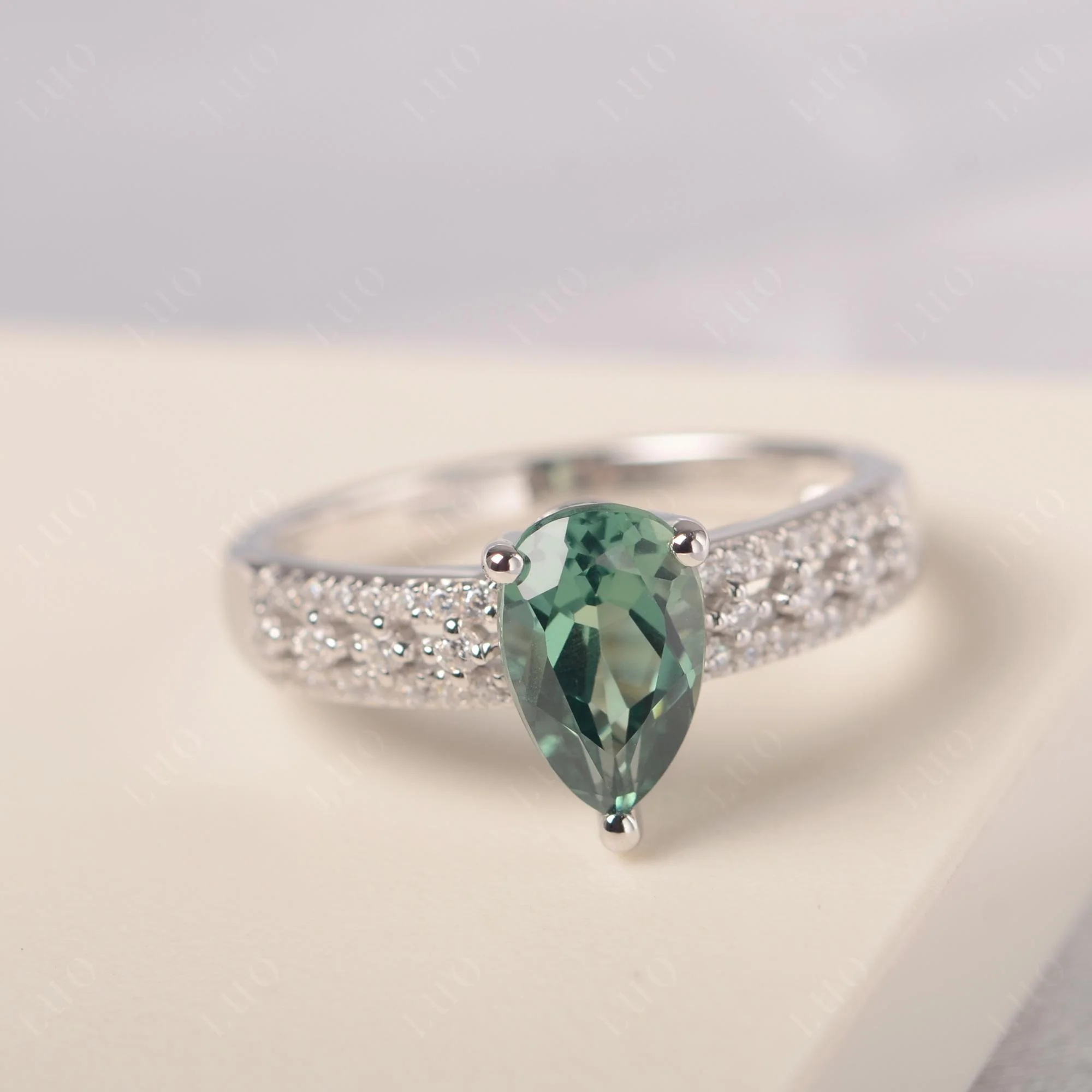 Green Sapphire 3 Rows Pave Engagement Ring