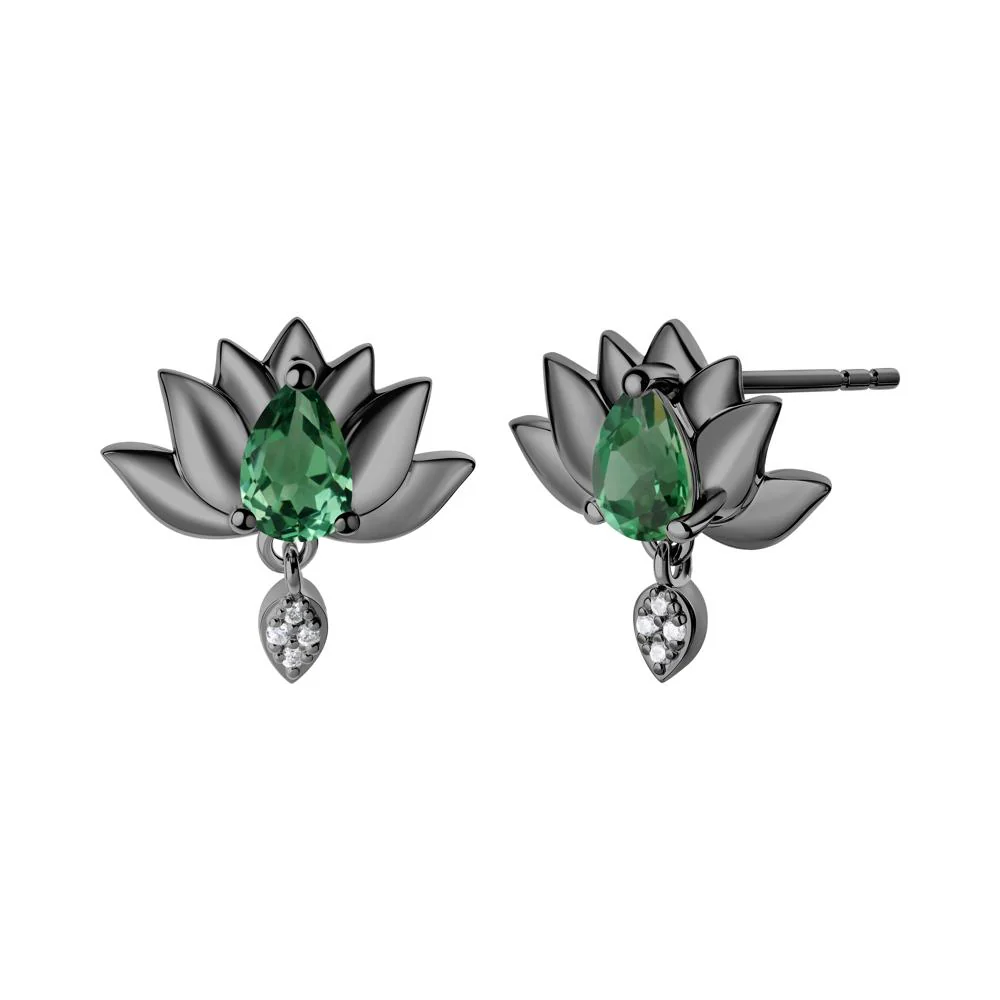 Pear Shaped Green Sapphire Lotus Flower Earrings - Image 2