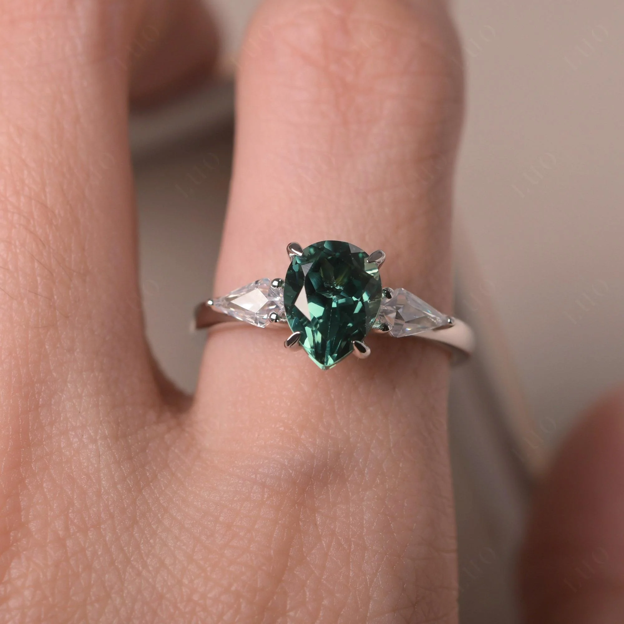 Pear Green Sapphire Trilogy Engagement Ring - Image 5