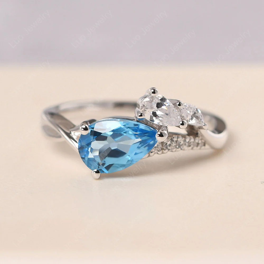 Pear Shaped Horizontal Swiss Blue Topaz Ring