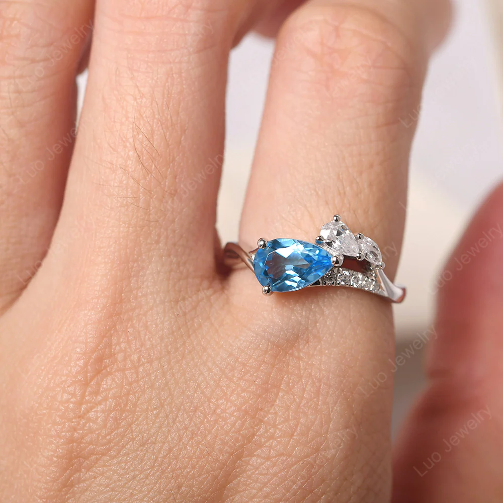 Pear Shaped Horizontal Swiss Blue Topaz Ring - Image 5