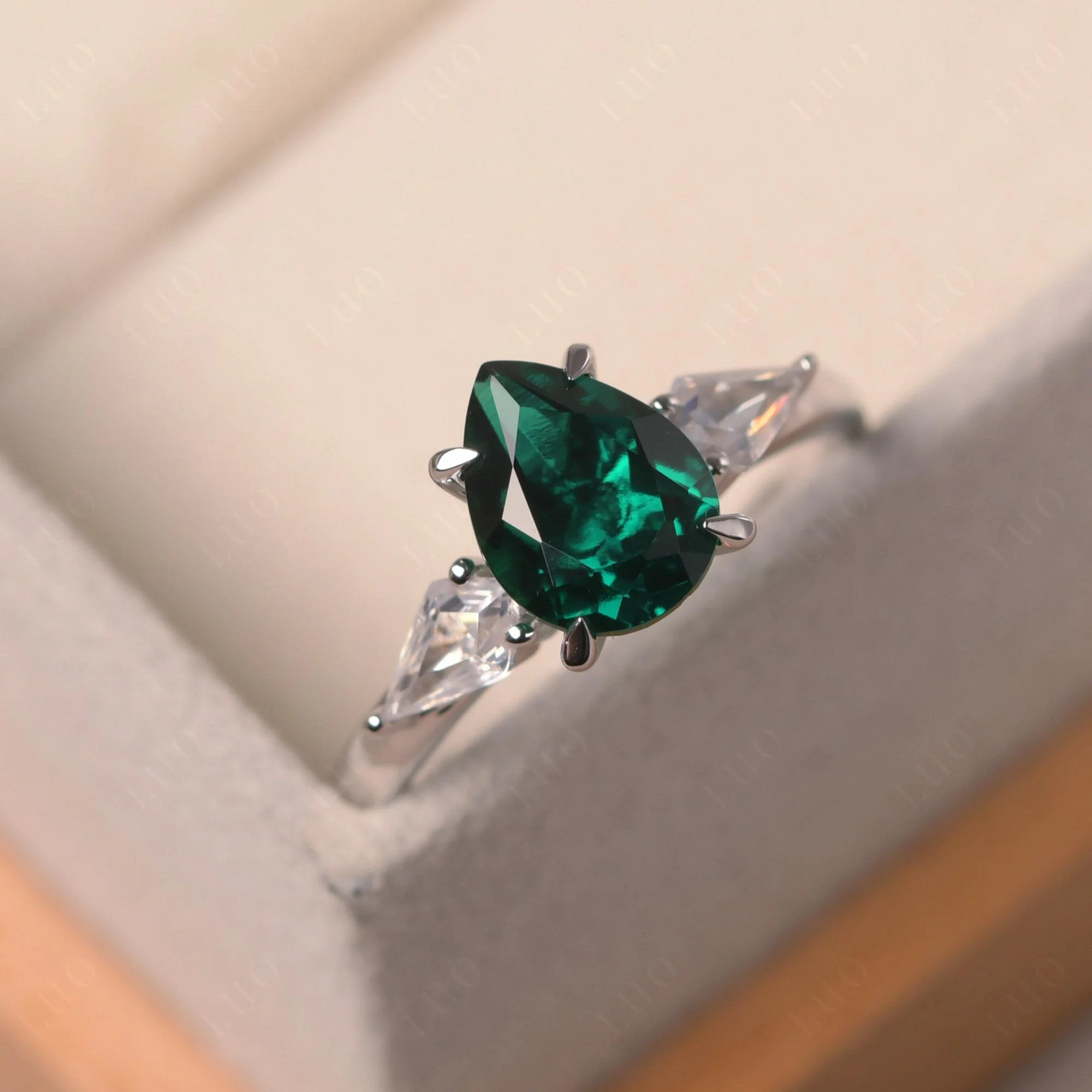 Pear Emerald Trilogy Engagement Ring - Image 2