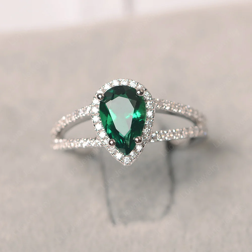Pear Shaped Emerald Halo Split Shank Ring