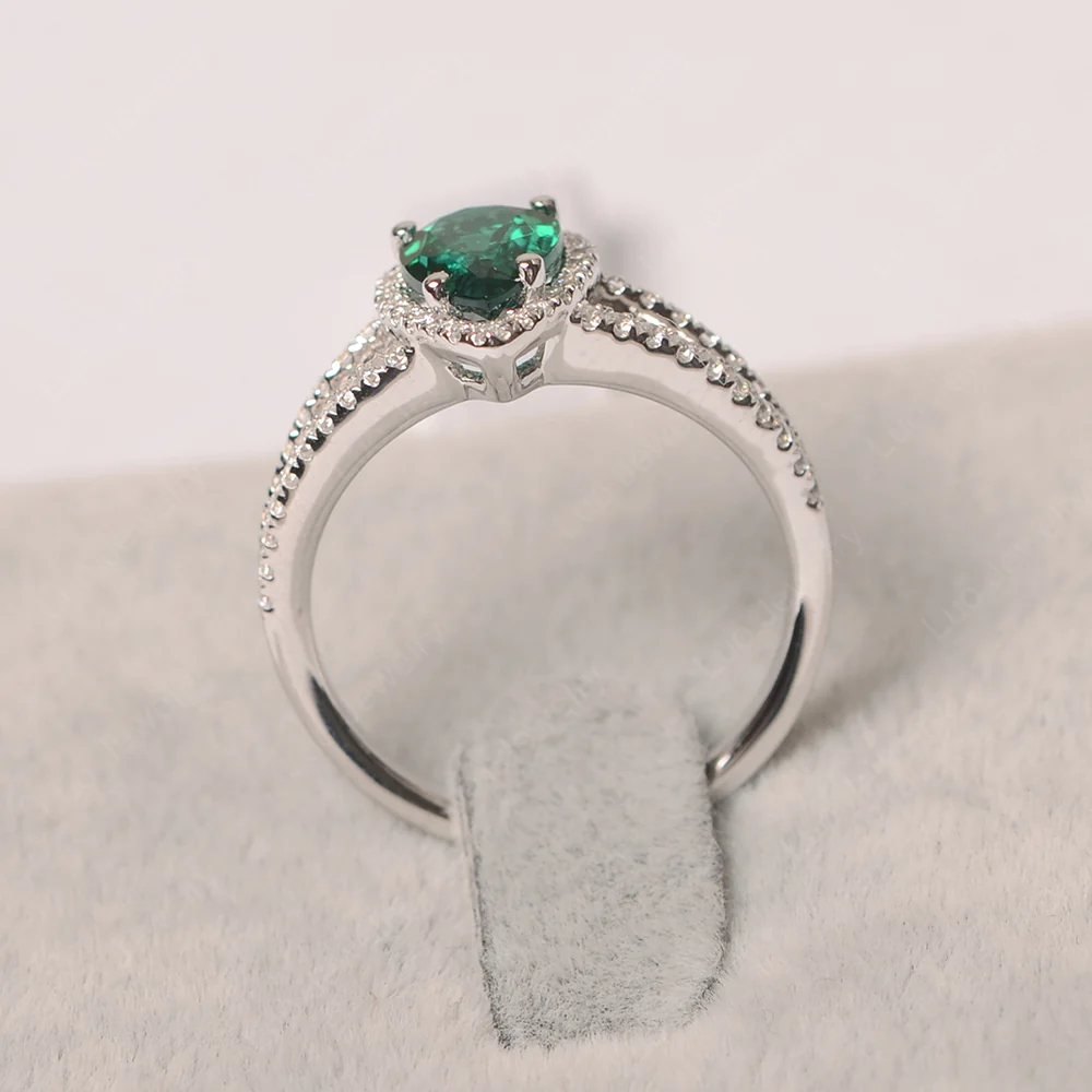 Pear Shaped Emerald Halo Split Shank Ring - Image 2