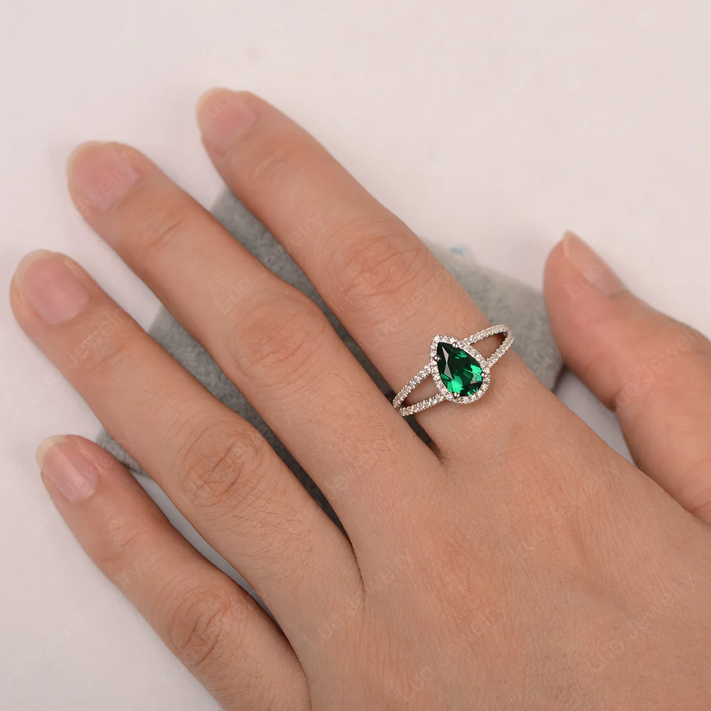 Pear Shaped Emerald Halo Split Shank Ring - Image 3