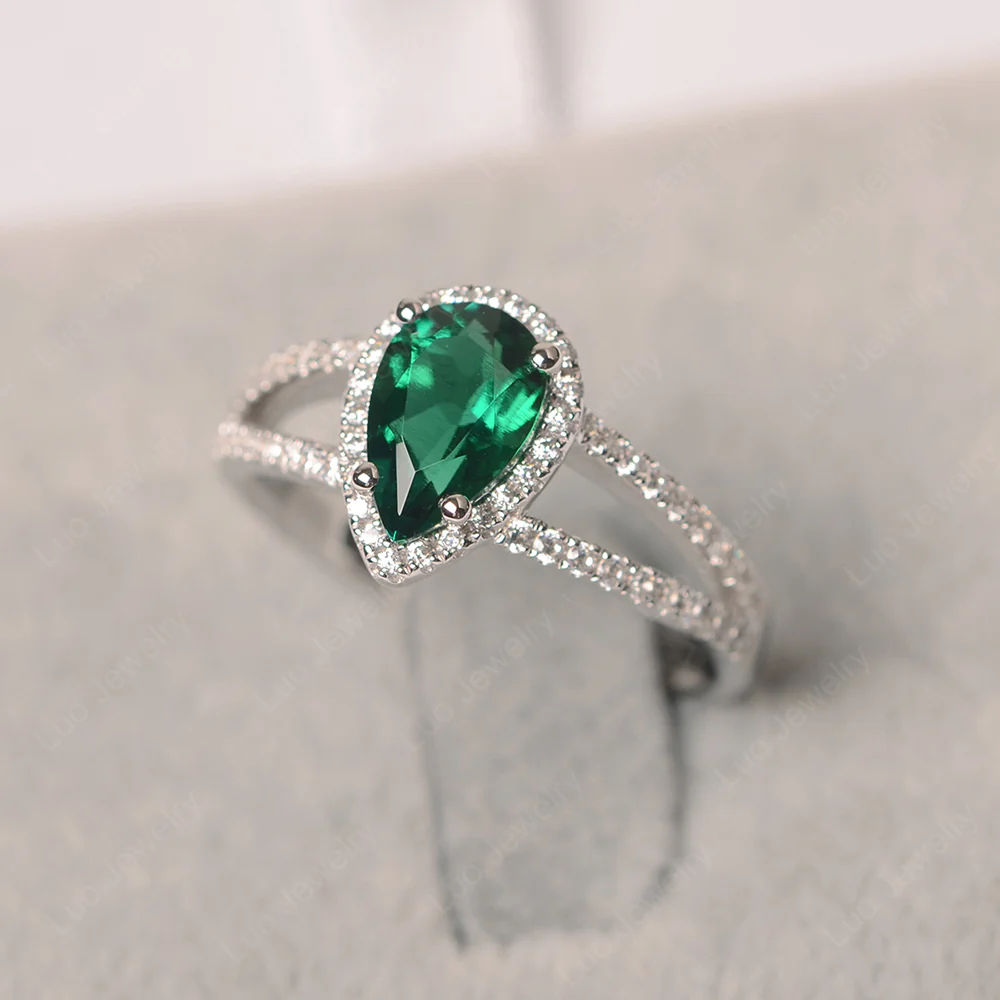 Pear Shaped Emerald Halo Split Shank Ring - Image 4