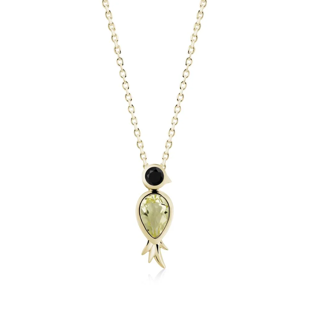 Pear Shaped Lemon Quartz and Black Spinel Bird Pendant Neckalce