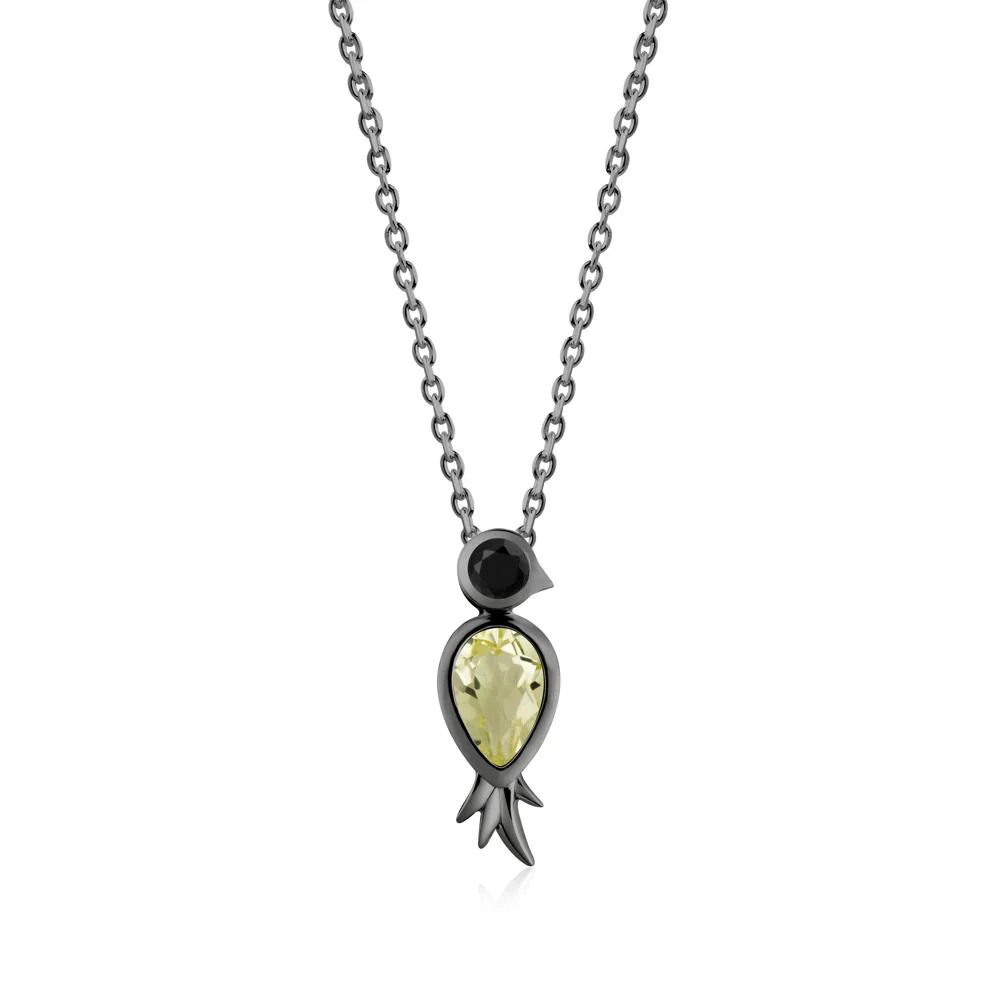 Pear Shaped Lemon Quartz and Black Spinel Bird Pendant Neckalce - Image 2