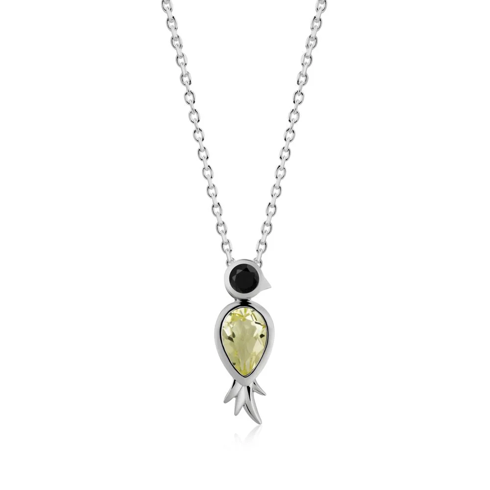 Pear Shaped Lemon Quartz and Black Spinel Bird Pendant Neckalce - Image 3
