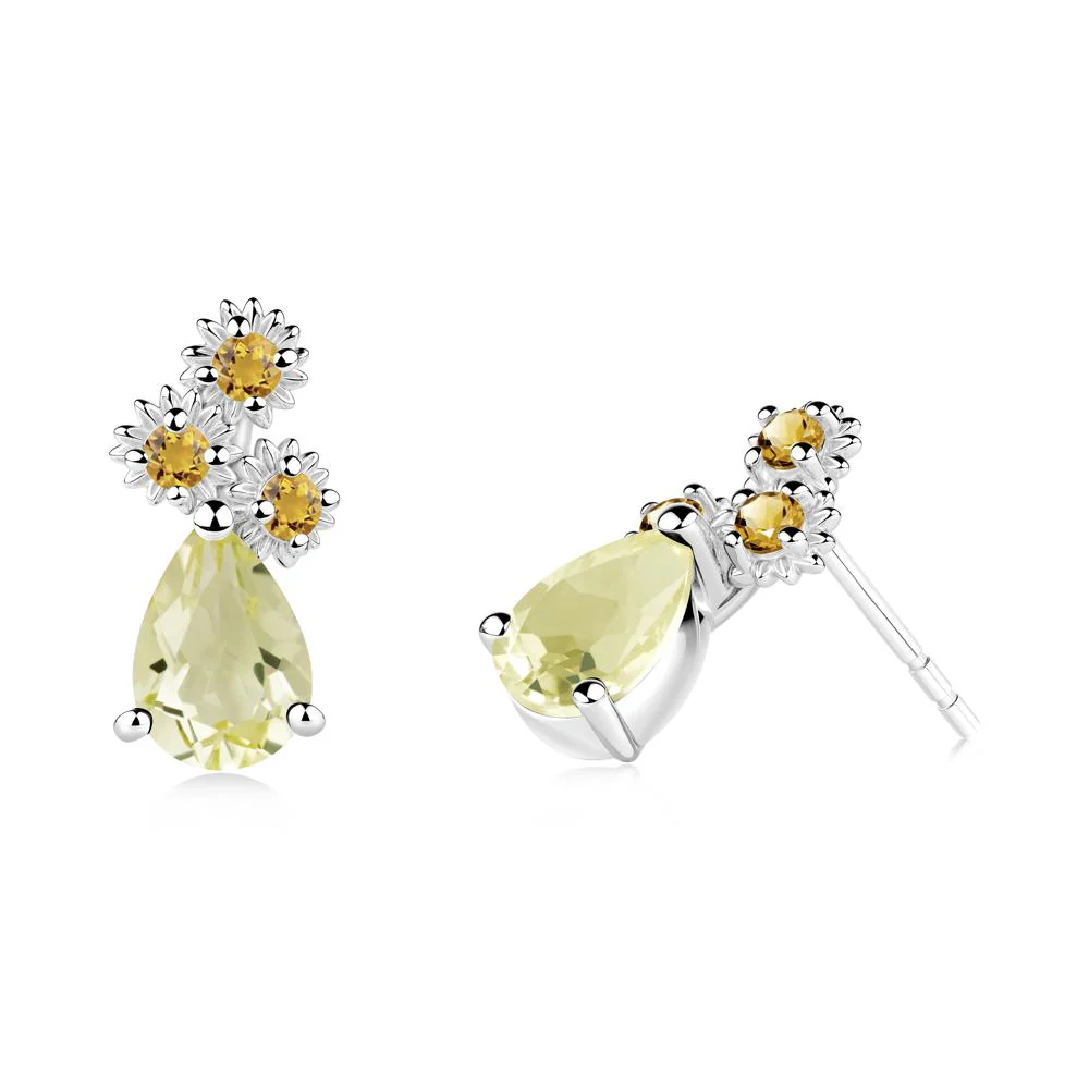 Pear Shaped Lemon Quartz and Citrine Sunflower Stud Earrings - Image 6