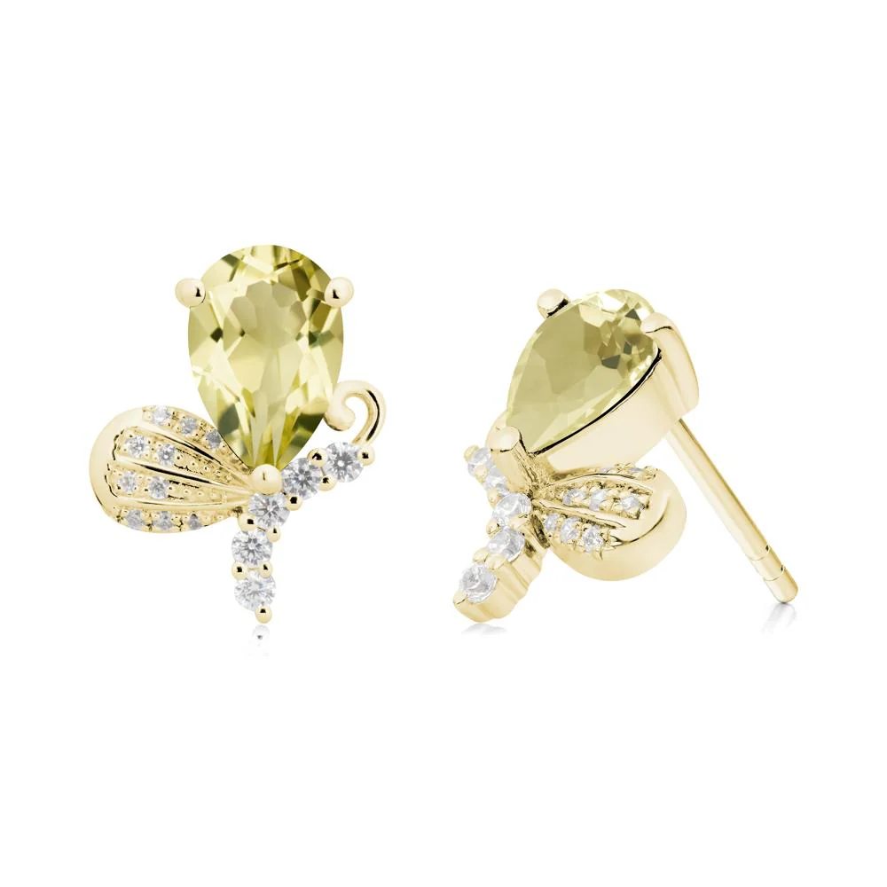 Pear Shaped Lemon Quartz Butterfly Stud Earrings - Image 5