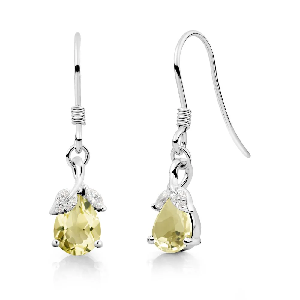Pear Shaped Lemon Quartz Leaf Dangle Earrings - Image 2