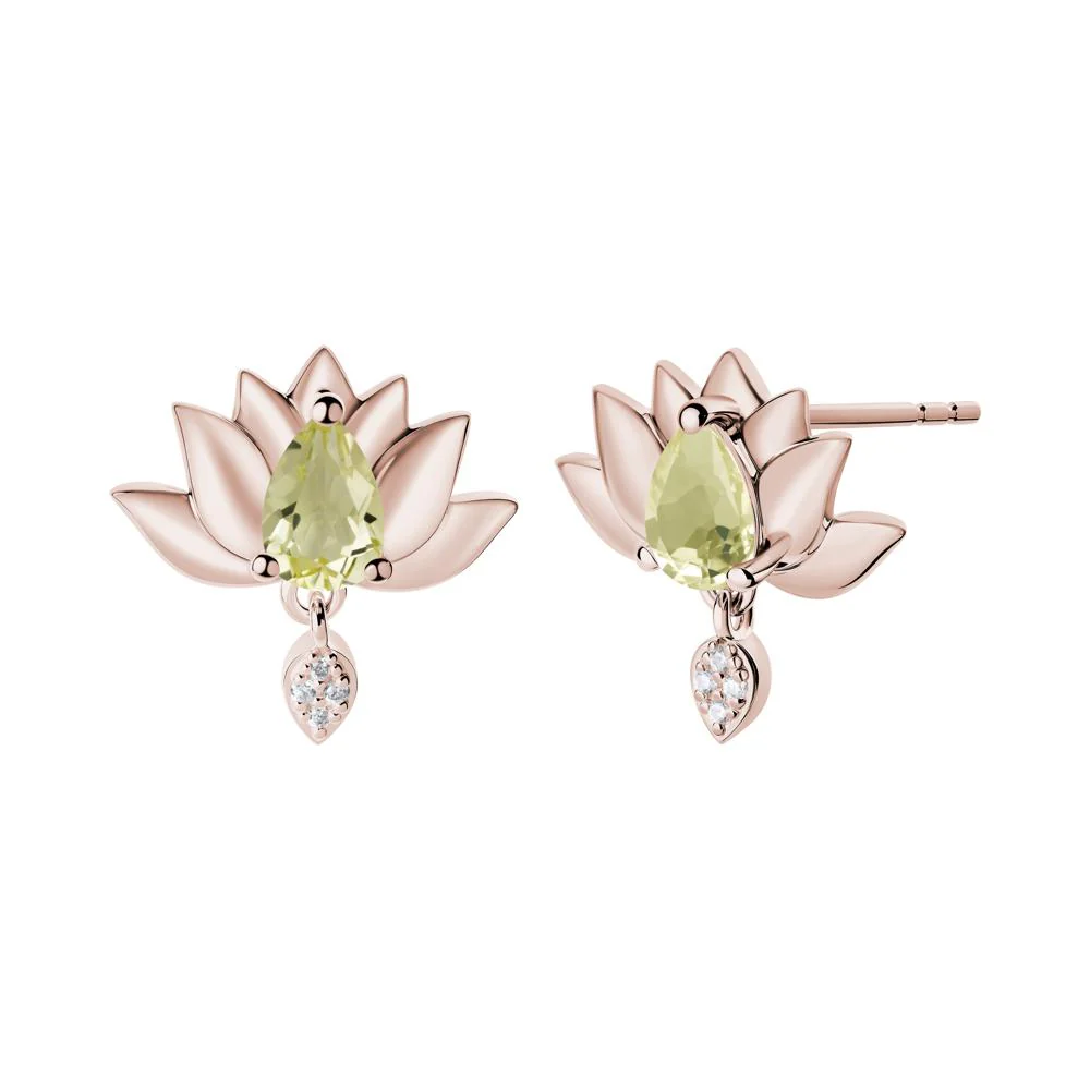 Pear Shaped Lemon Quartz Lotus Flower Earrings