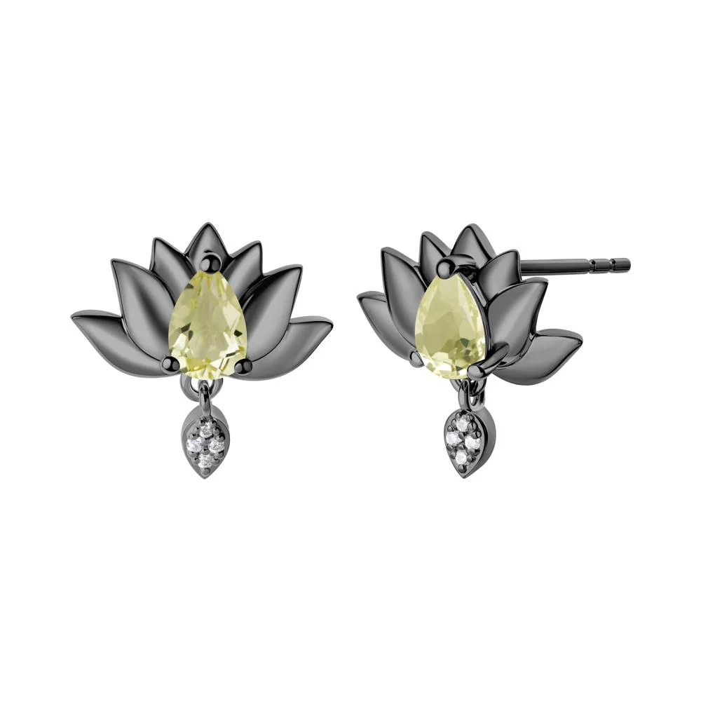 Pear Shaped Lemon Quartz Lotus Flower Earrings - Image 2