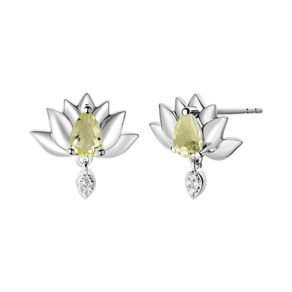 Pear Shaped Lemon Quartz Lotus Flower Earrings - Image 3
