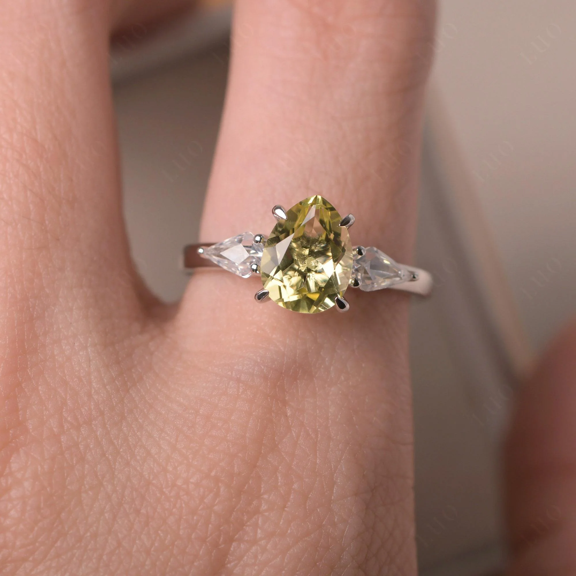 Pear Lemon Quartz Trilogy Engagement Ring - Image 5