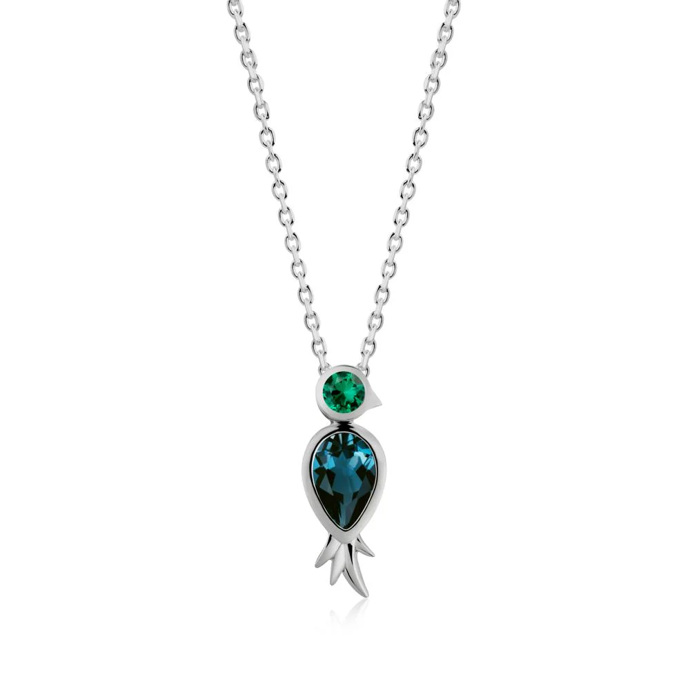 Pear Shaped London Blue Topaz and Emerald Bird Pendant Neckalce