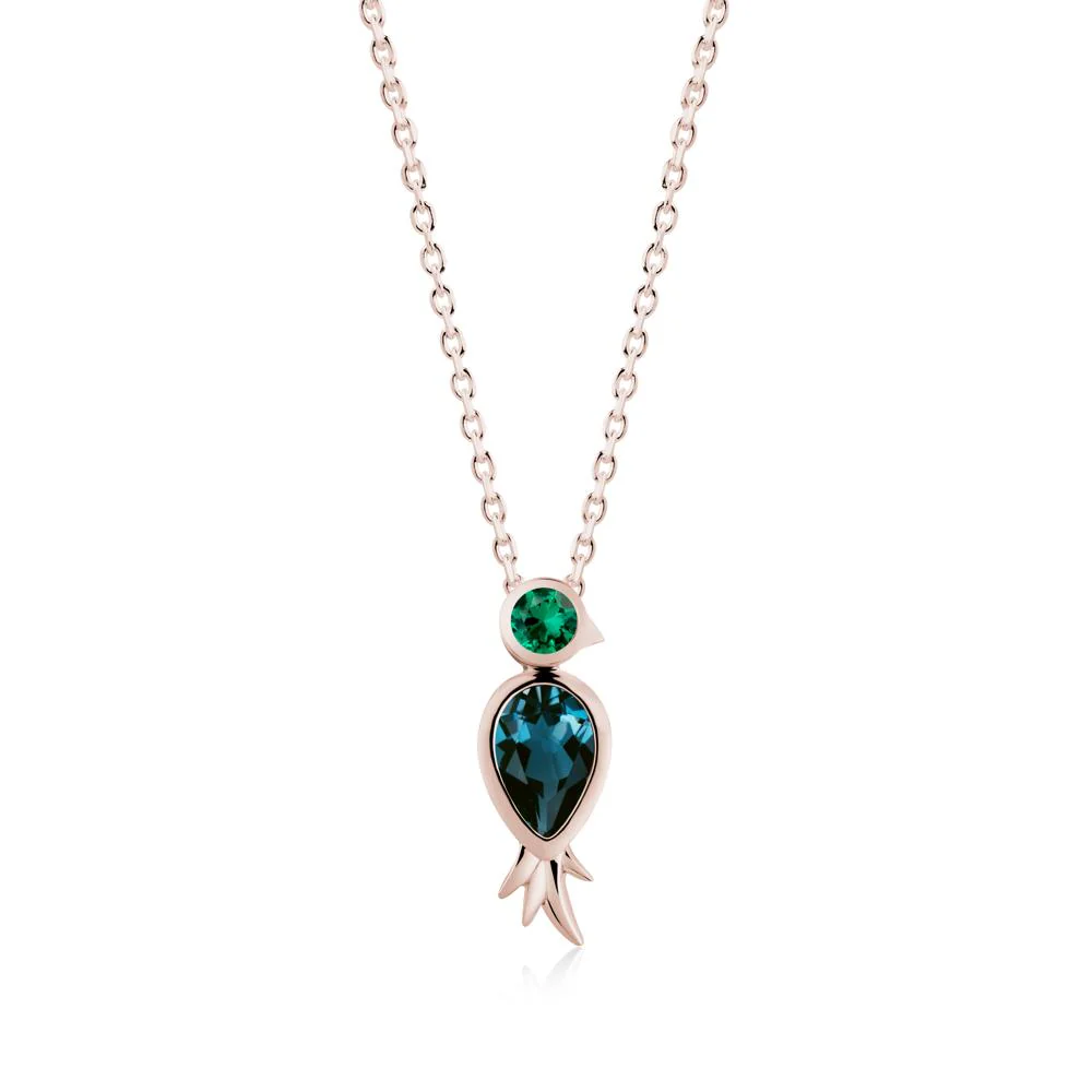 Pear Shaped London Blue Topaz and Emerald Bird Pendant Neckalce - Image 5