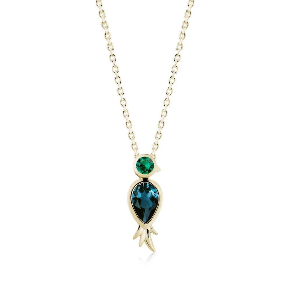 Pear Shaped London Blue Topaz and Emerald Bird Pendant Neckalce - Image 6