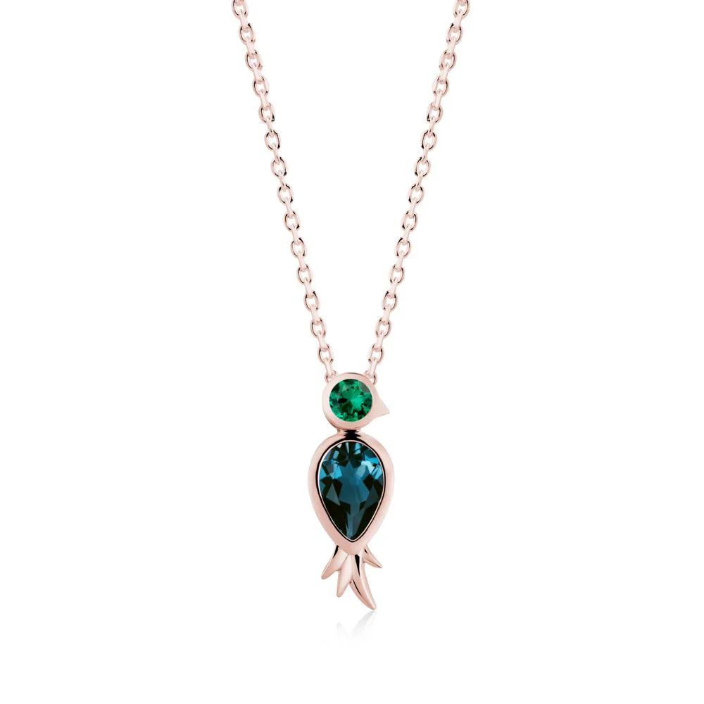 Pear Shaped London Blue Topaz and Emerald Bird Pendant Neckalce - Image 7