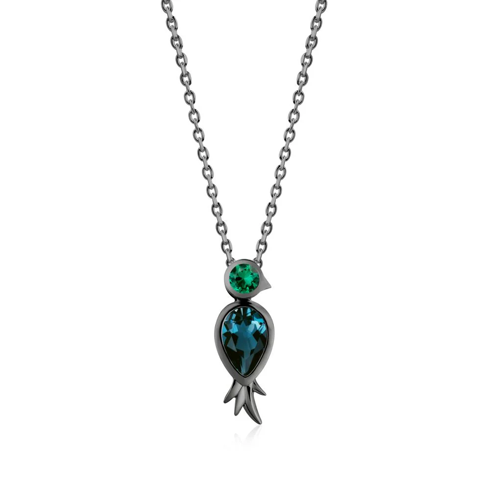 Pear Shaped London Blue Topaz and Emerald Bird Pendant Neckalce - Image 8