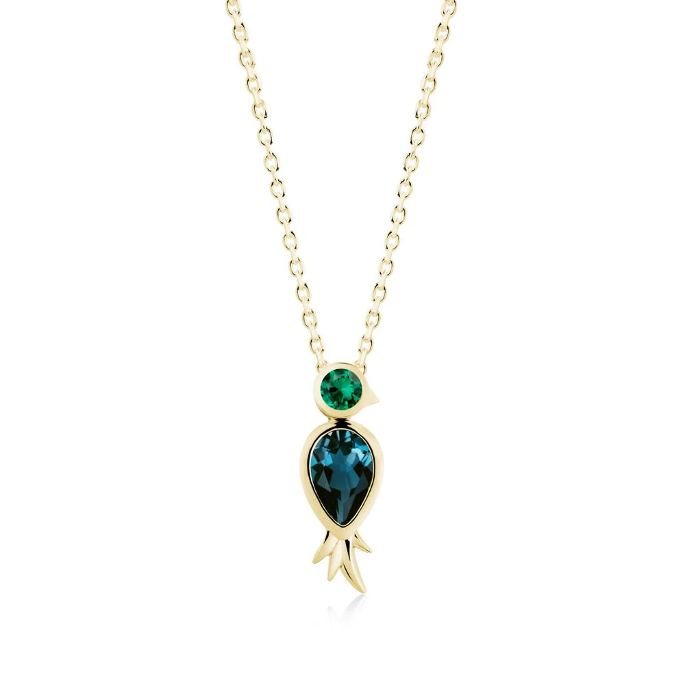 Pear Shaped London Blue Topaz and Emerald Bird Pendant Neckalce - Image 9