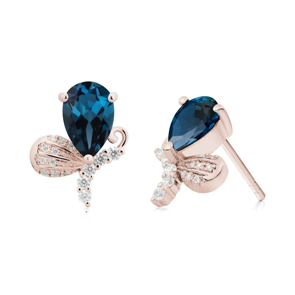 Pear Shaped London Blue Topaz Butterfly Stud Earrings - Image 3