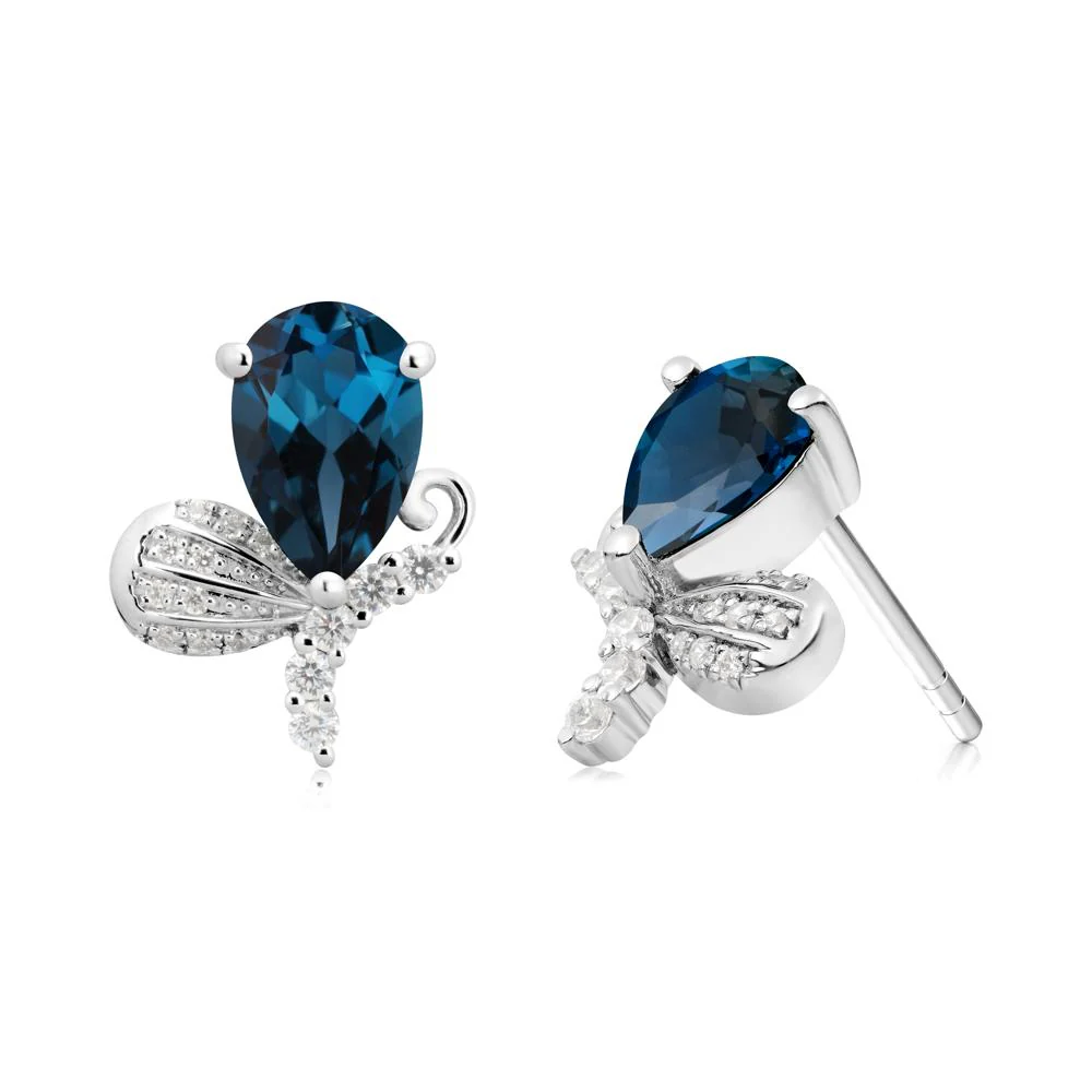 Pear Shaped London Blue Topaz Butterfly Stud Earrings - Image 7