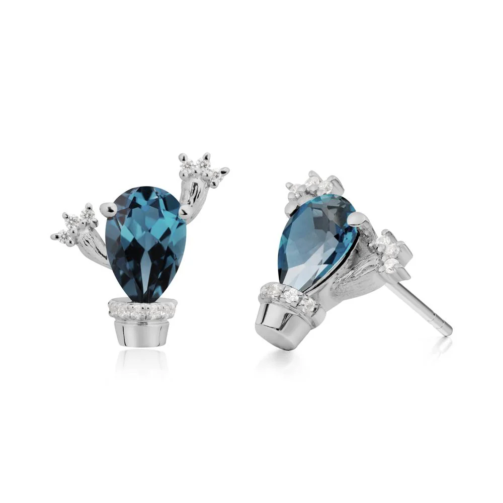 Pear Shaped London Blue Topaz Cactus Stud Earrings