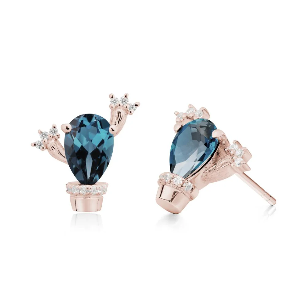 Pear Shaped London Blue Topaz Cactus Stud Earrings - Image 2