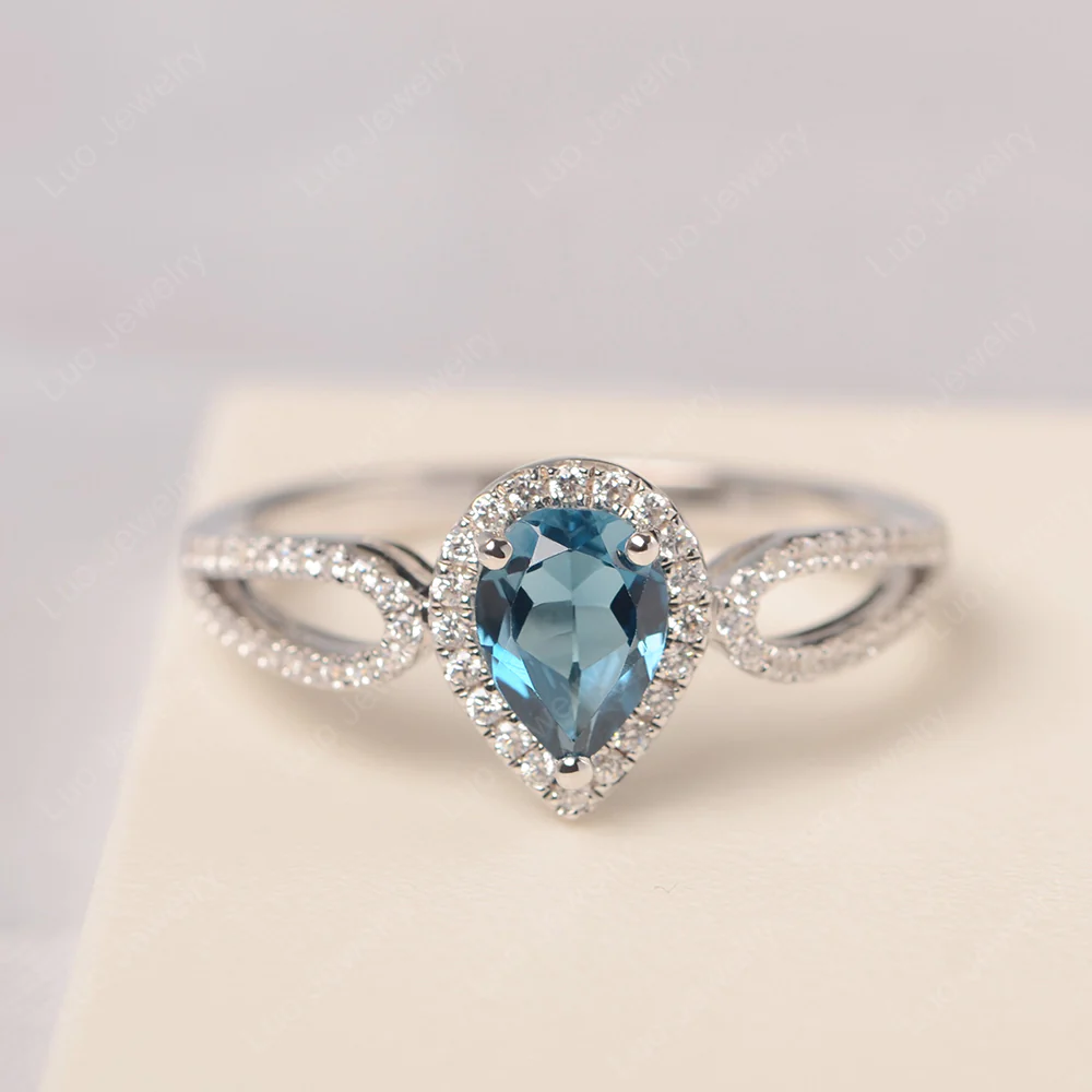 Pear Shaped London Blue Topaz Halo Engagement Ring