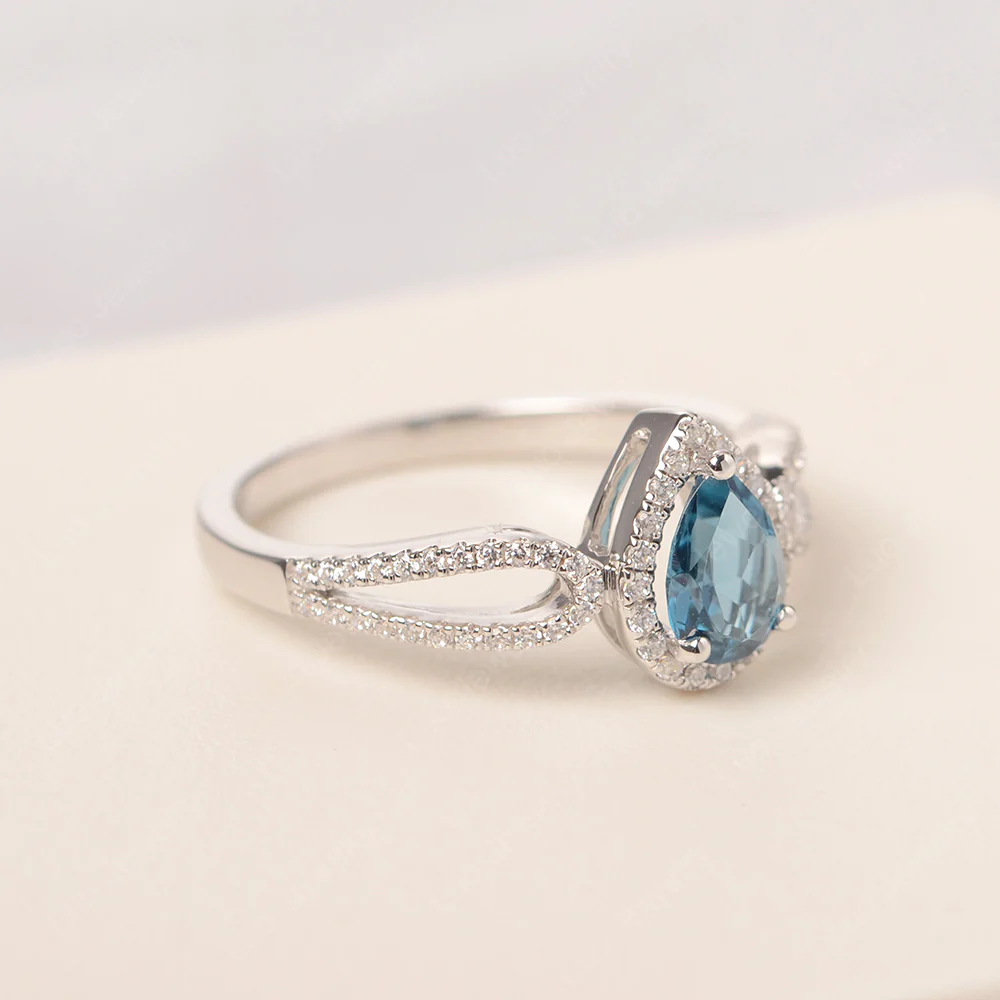 Pear Shaped London Blue Topaz Halo Engagement Ring - Image 2