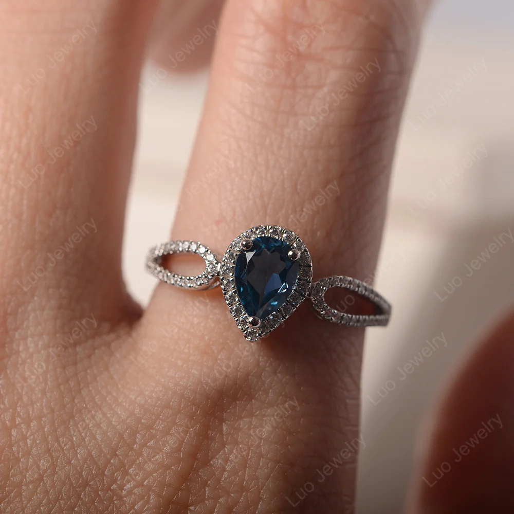 Pear Shaped London Blue Topaz Halo Engagement Ring - Image 5